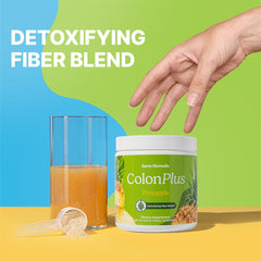 Close-up of Colon Plus label highlights psyllium and probiotics for gut support