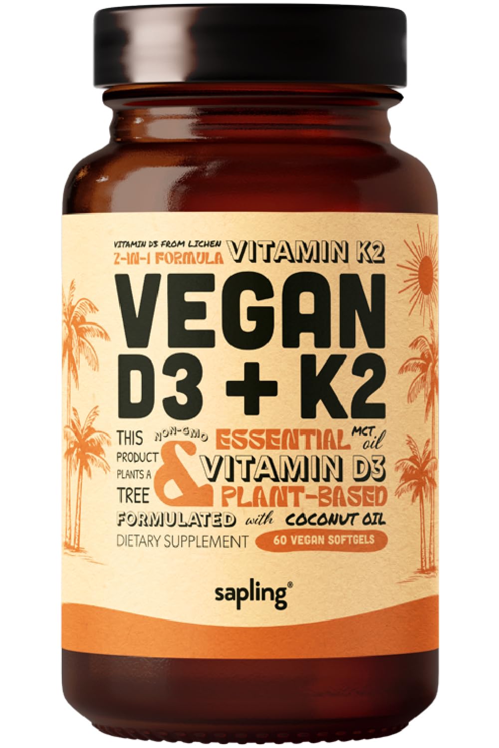 Hero image of Sapling vegan D3 + K2 softgels, 60-count