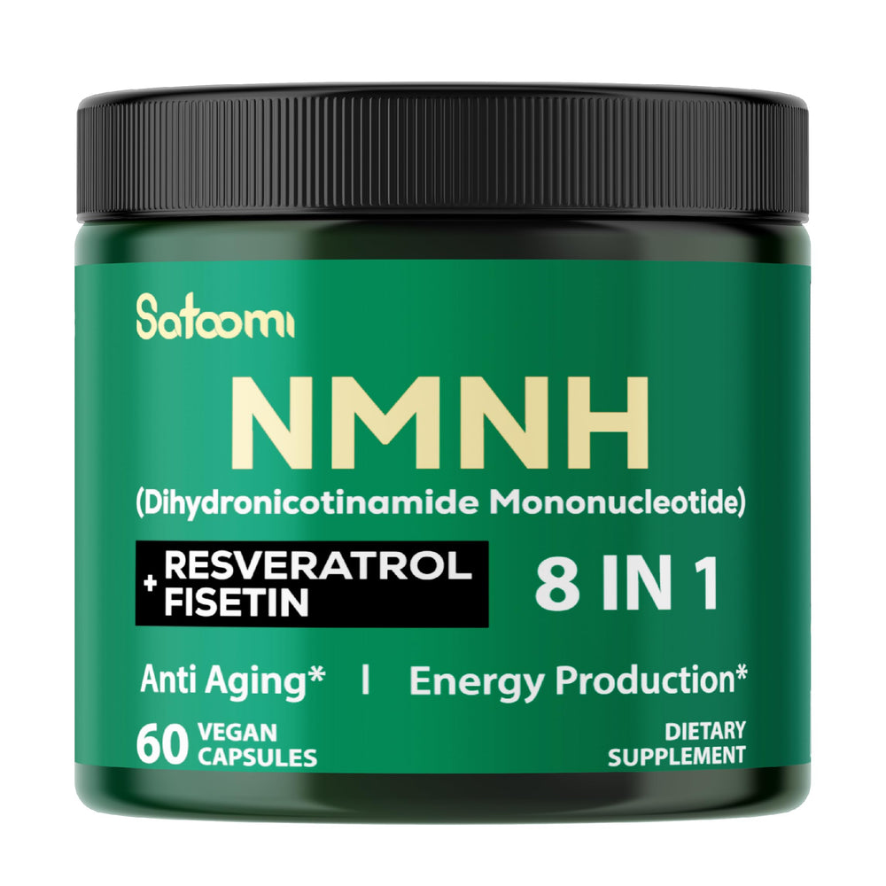 Bottle of Satoomi 8in1 NMNH NMN supplement showing 60 capsules