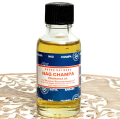 Close-up view of Nag Champa essential oil bottle label