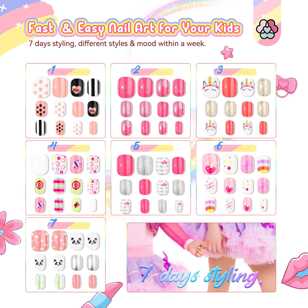 SAVILAND kids press-on nails offer assorted colors and patterns for quick daily dress-up.