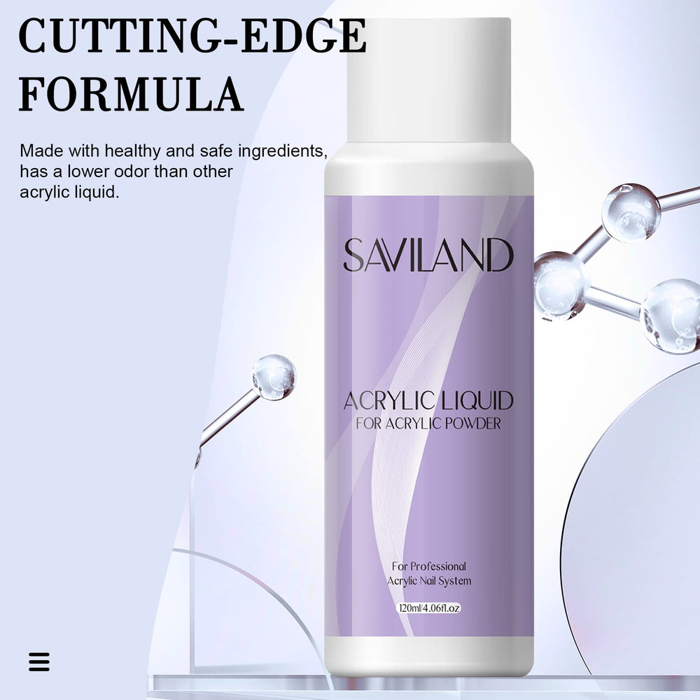 SAVILAND monomer acrylic liquid drying time demonstration at 5–8 minutes.