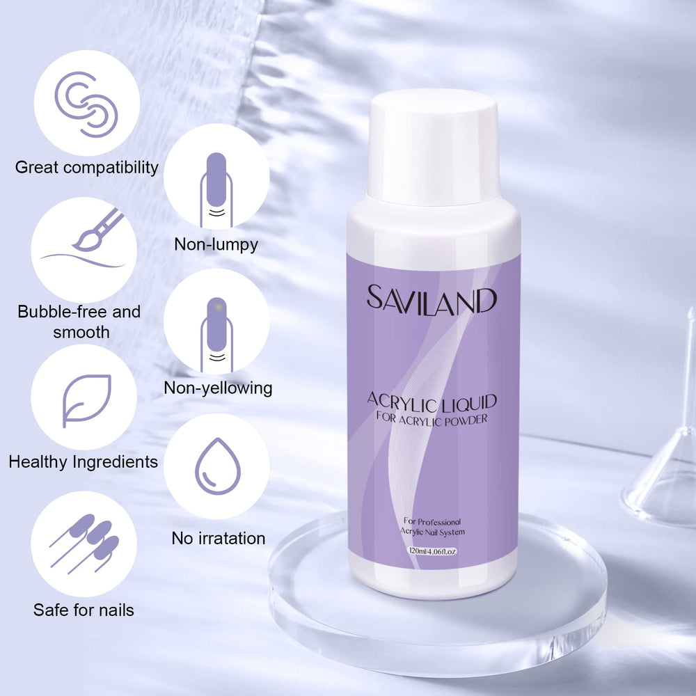SAVILAND monomer acrylic liquid usage guide illustrating easy nail extension steps.