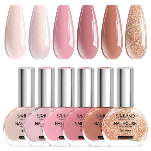 SAVILAND Pink Nude set packaging featuring quick-dry polish collection for busy days.