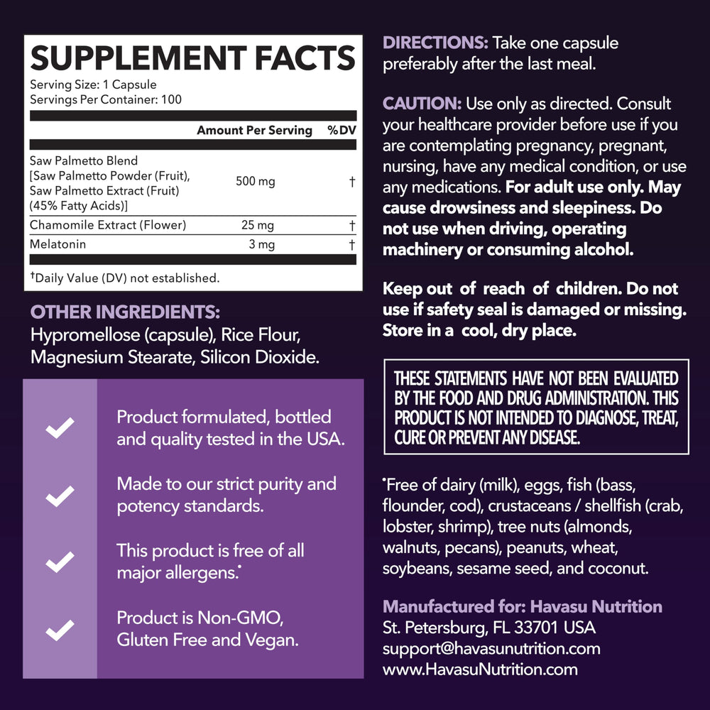 Saw Palmetto PM bottle with melatonin 3mg, side view