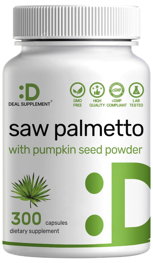 Front view of Saw Palmetto + Pumpkin Seed supplement bottle with 300 capsules