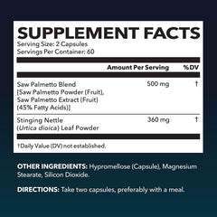 Front label of Saw Palmetto with Stinging Nettle capsules