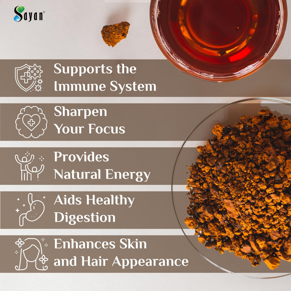 Sayan Siberian Chaga powder with natural ingredients on wood