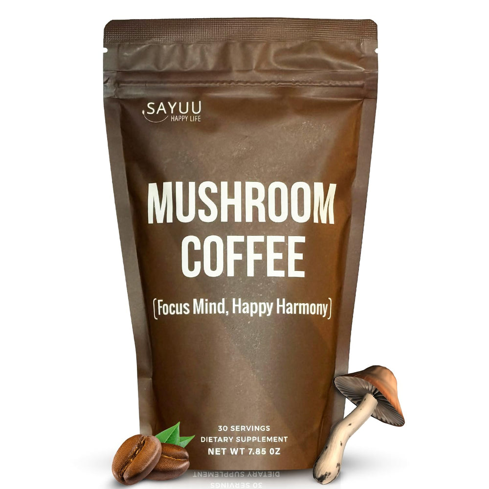 SAYUU Mushroom Coffee Blend packaging and bottle on a white background