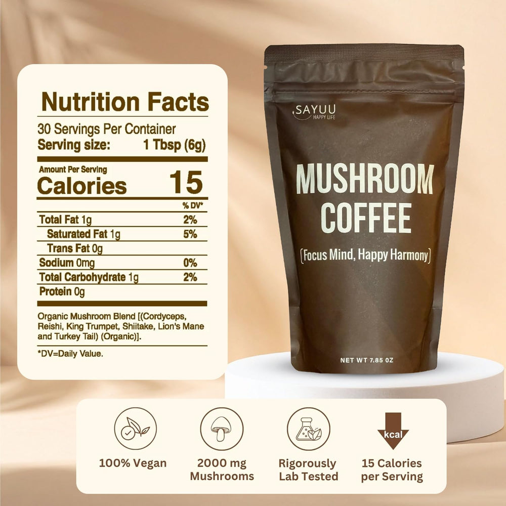 Close-up of SAYUU label highlighting vegan and mushroom ingredients