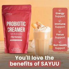 Cup with mushroom coffee and SAYUU Probiotic Creamer