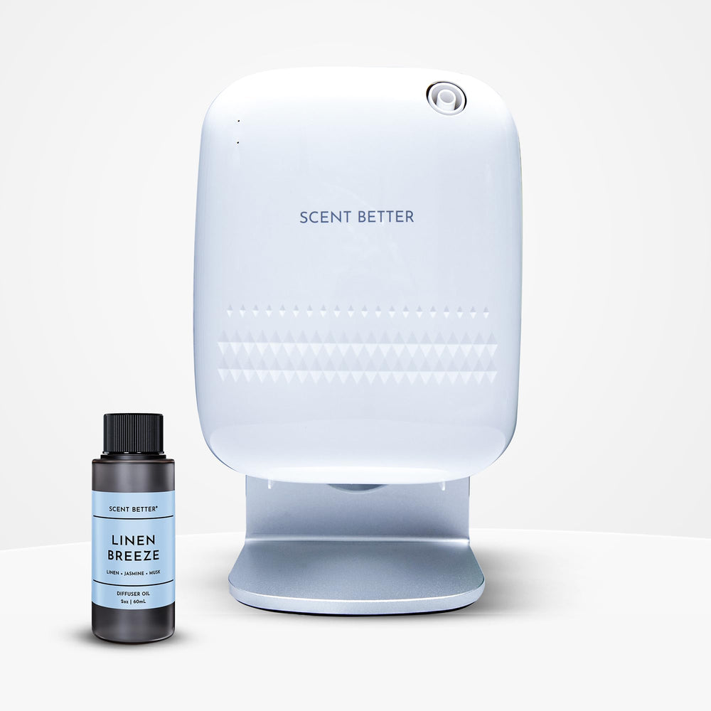 Scent Better Pro in living room setup, whisper-quiet diffuse for hotel-like ambiance.