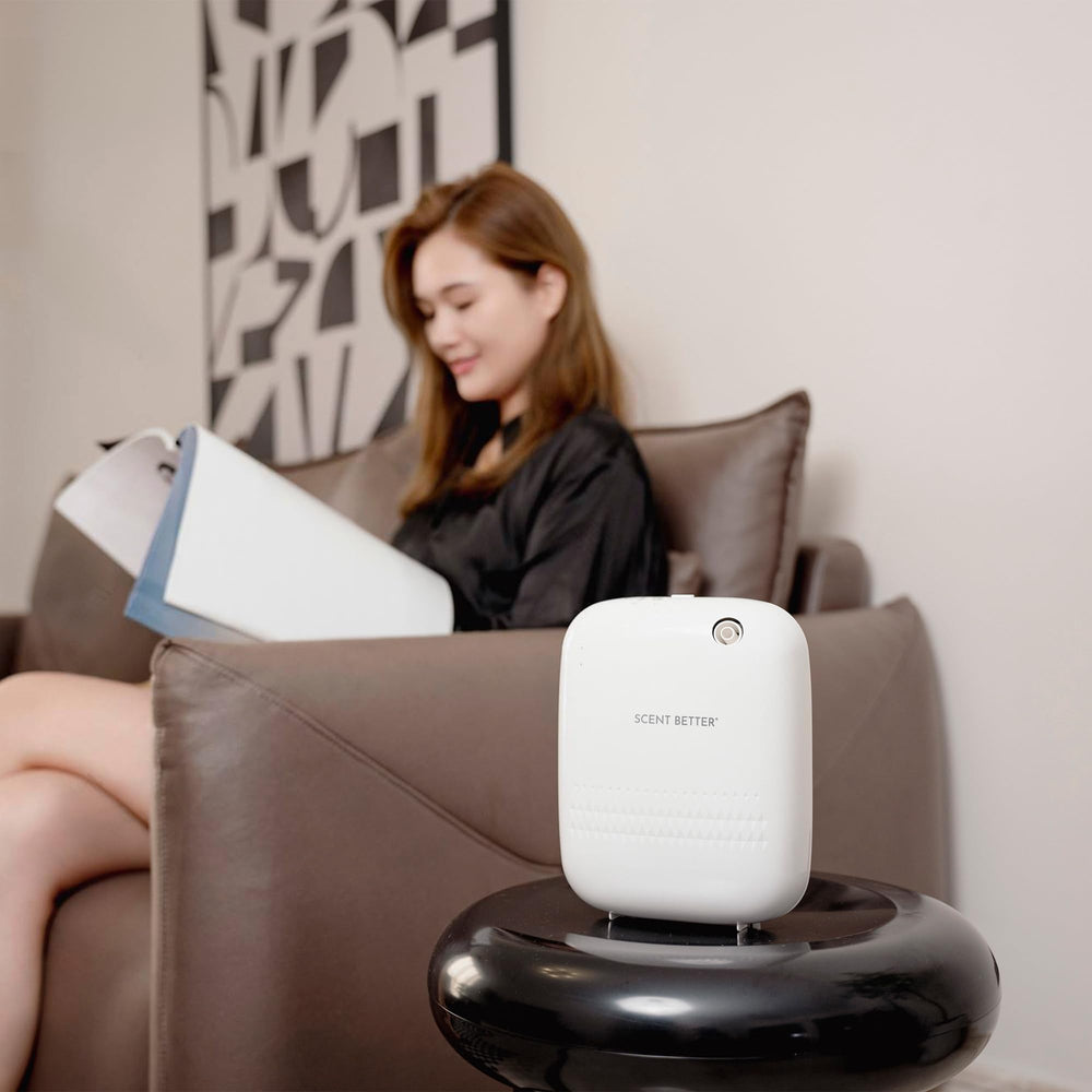 Scent Better Pro diffuser white side view, sleek minimalist design for home desks.