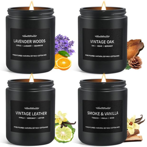 Scented candle set 4-pack with vanilla and smoke scents in black jars
