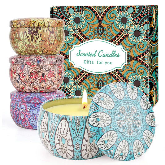 Four-pack scented candles in tins with Bergamot, Lemon, Gardenia, and Sage & Sea Salt
