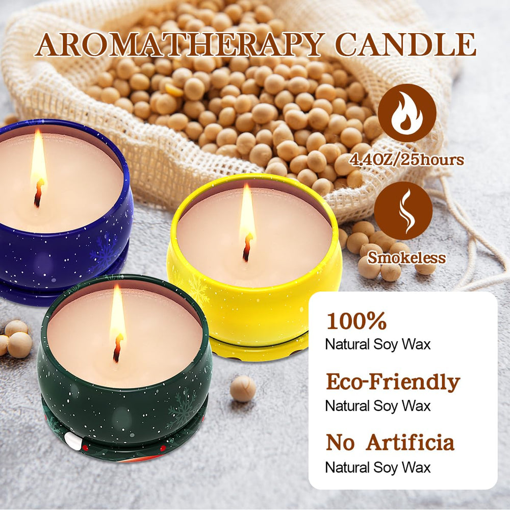 Three candle jars with Apple Cinnamon, Cedar, and Vanilla Cake fragrances