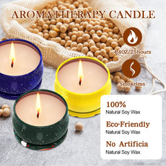 Three candle jars with Apple Cinnamon, Cedar, and Vanilla Cake fragrances
