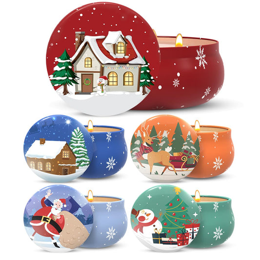 Gift set showing 13.5oz soy wax jar and four 2.5oz travel tins with lids