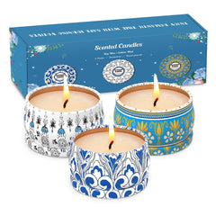 Three 2.5oz soy wax travel tin candles in Amber Musk, Lemon, and Lavender