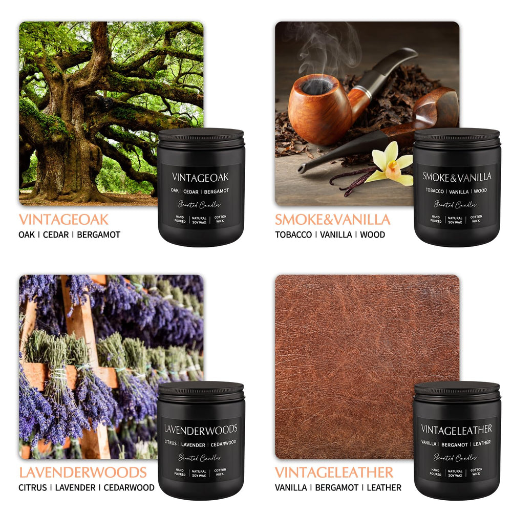 Four different fragrances including Leather/Smoked Vanilla, Oakmoss, Lavender