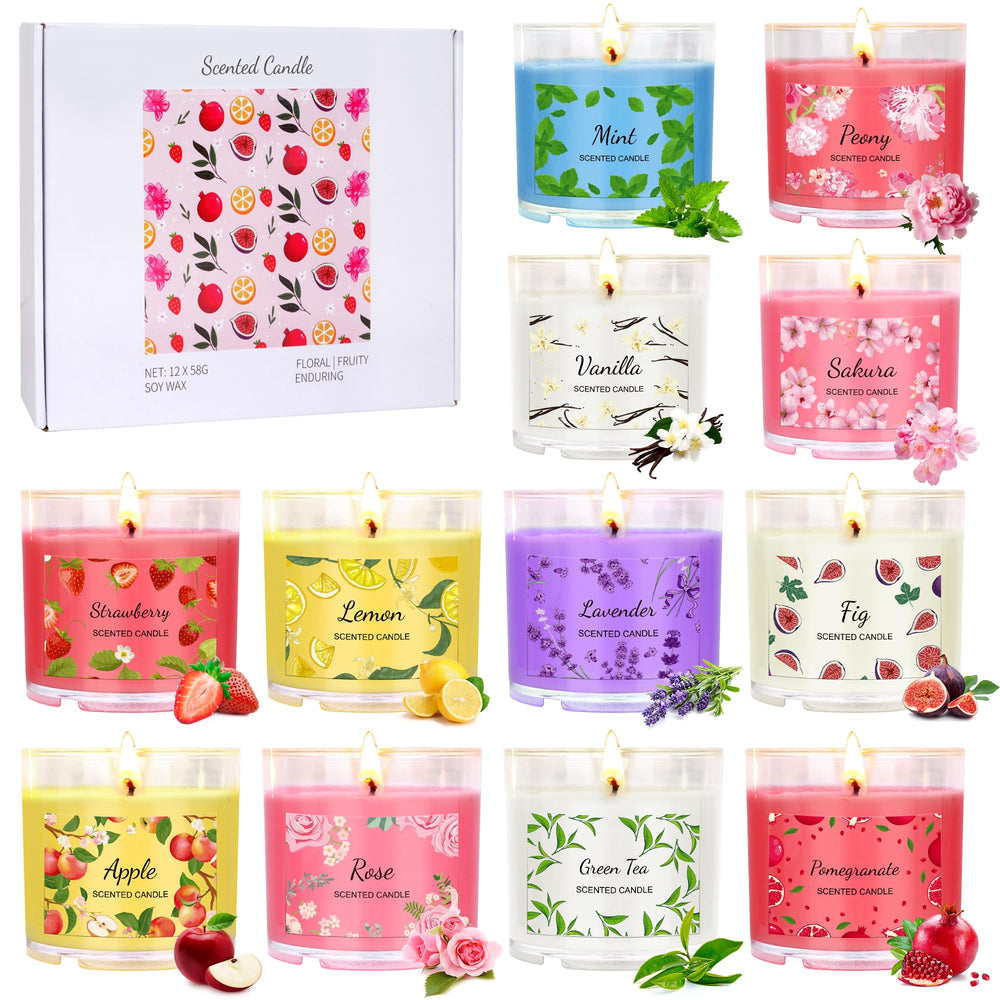 12-pack colored scented candles set with 12 fragrances displayed
