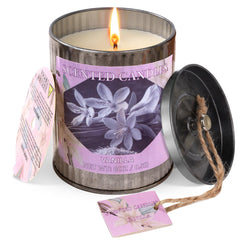 8oz vanilla soy candle in a tin container for home use