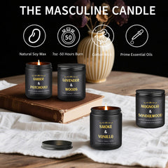 Gift packaging and black jars with gold accents from men's candle set