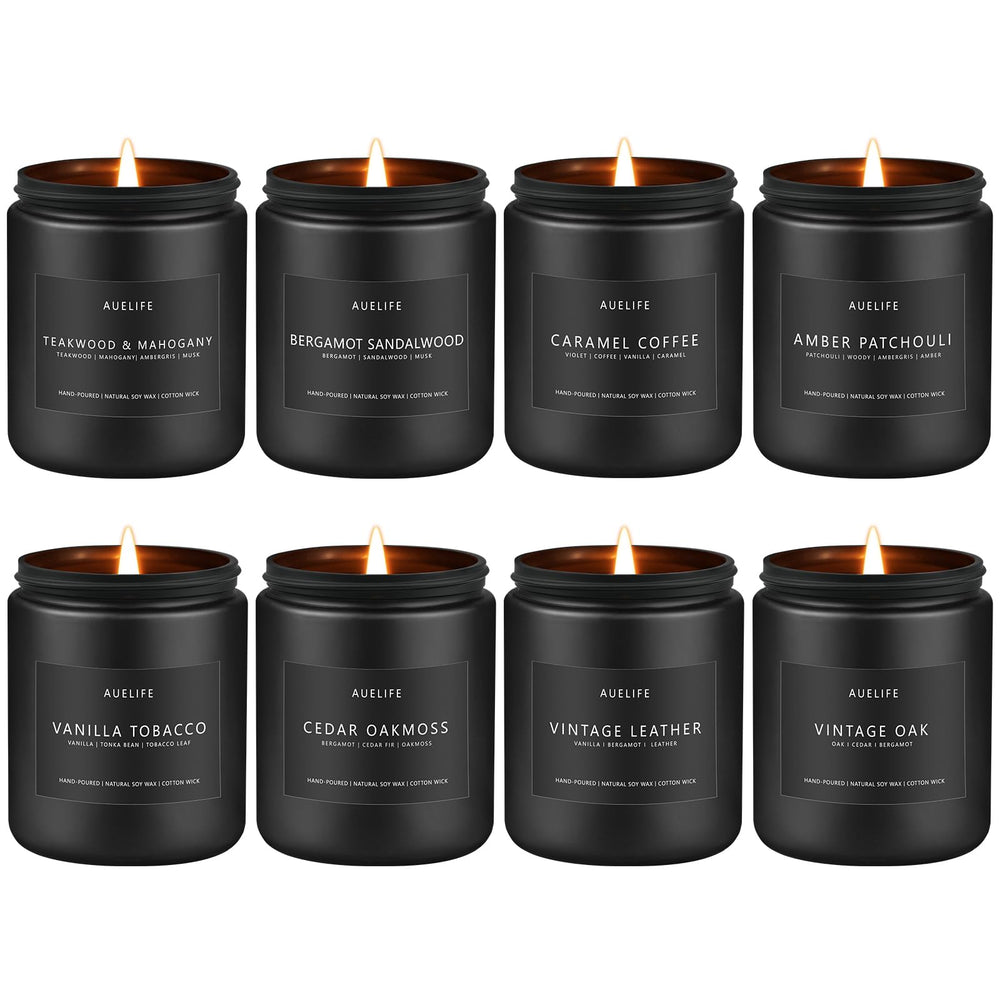 Eight-piece masculine candle gift set in vintage-style packaging