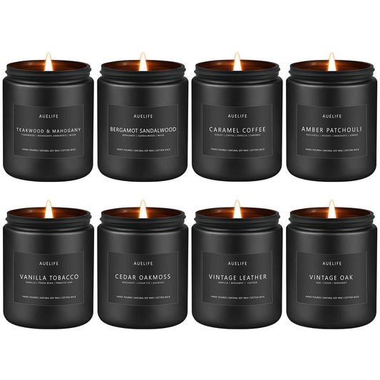 Eight-piece masculine candle gift set in vintage-style packaging