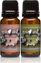 Amber glass bottle containing Sandalwood & Frankincense scented oil, 10 ml