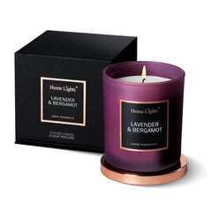 Lavender and bergamot scented soy candle in glass jar