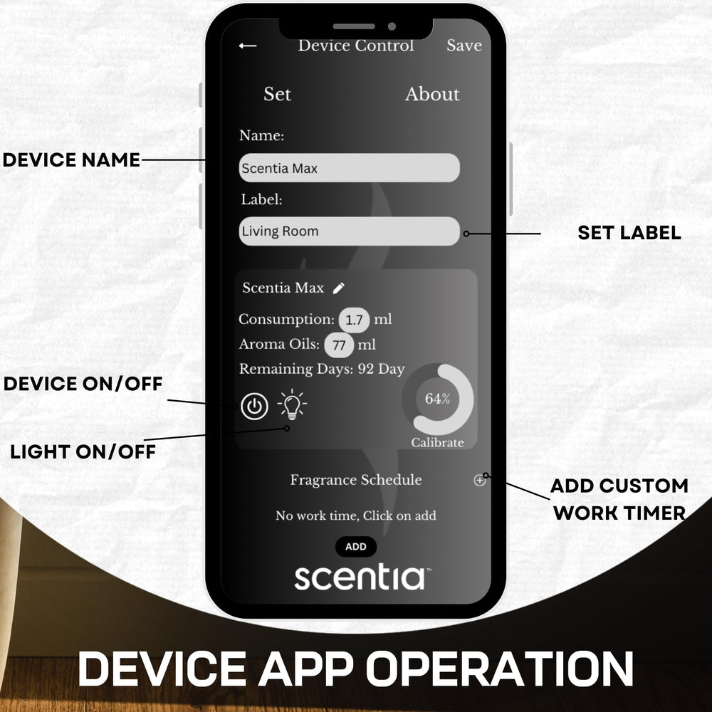 Warranty and customer support information card for Scentia Max diffuser