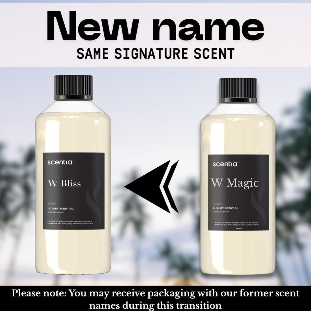 Bottle label showing transition from W Magic to W Bliss
