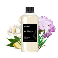 Close-up of fragrance notes: white tea, bergamot, lemongrass, cedar, vanilla