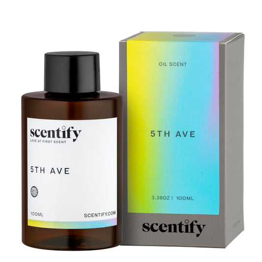 Scentify 5th Ave aroma oil refill bottle with bergamot, floral and gardenia notes in an amber bottle
