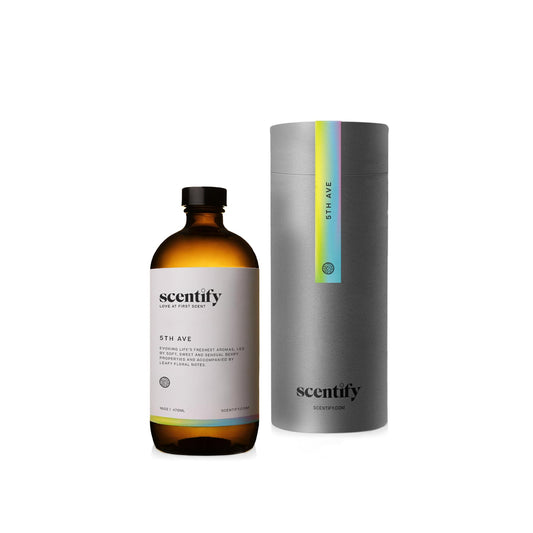 Scentify 5th Ave aroma oil refill bottle showing bergamot strawberries and leafy floral notes
