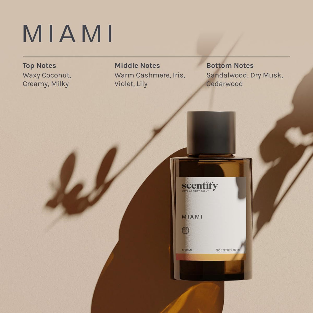 Packaging and 100ml amber bottle of Scentify Miami aroma oil refill