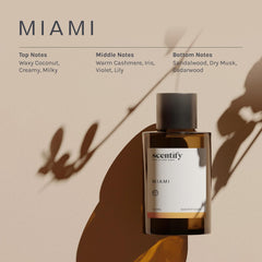 Packaging and 100ml amber bottle of Scentify Miami aroma oil refill