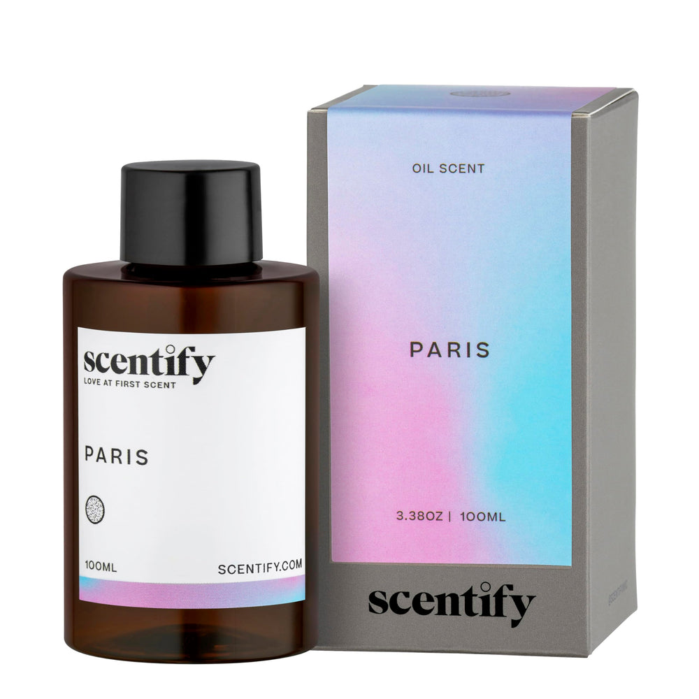 Scentify Paris aroma oil refill bottle in amber glass with luxury branding