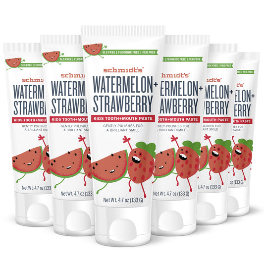 Front view of Schmidt's Kids Watermelon + Strawberry fluoride-free toothpaste 4.7 oz (6 count)