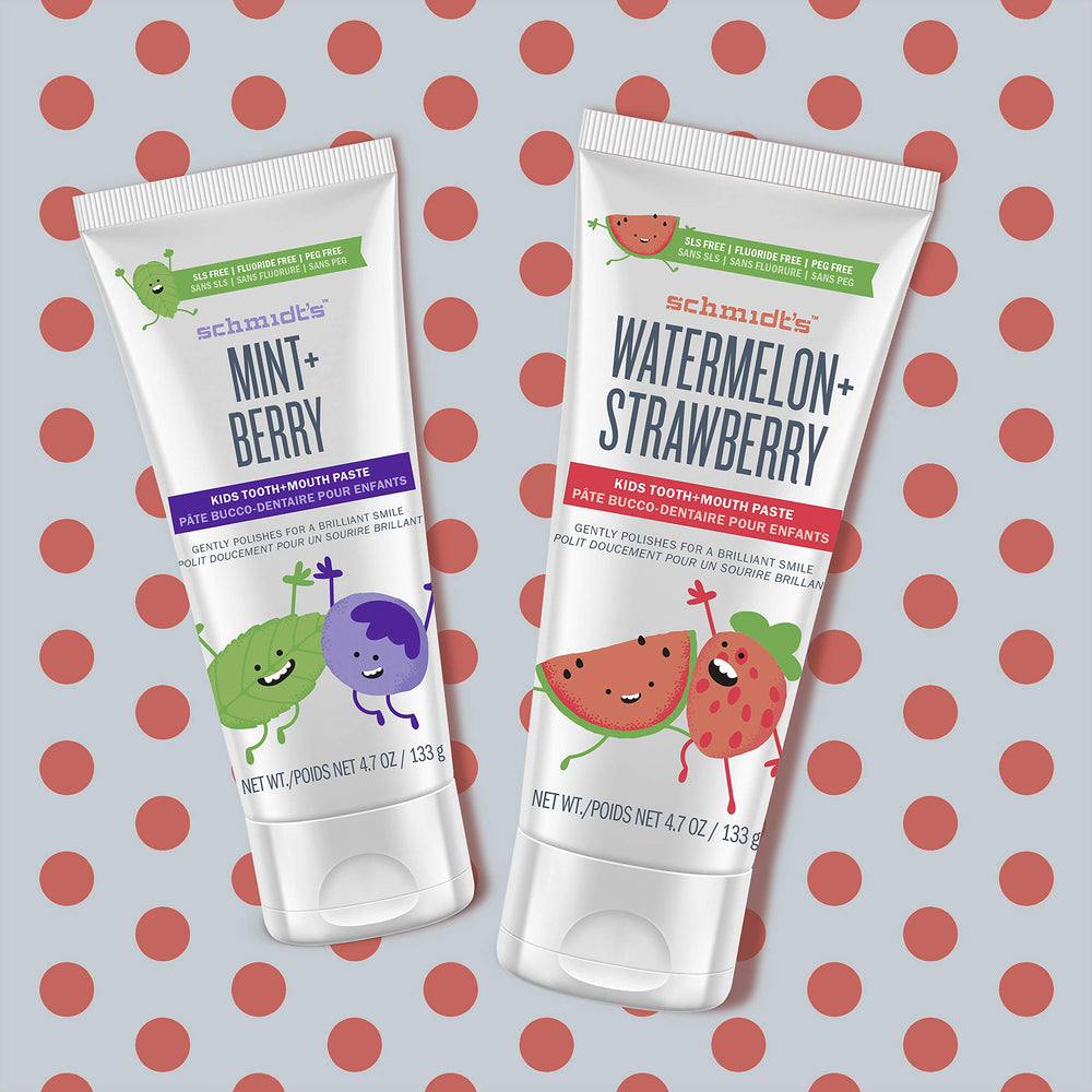 Label highlighting fluoride-free and vegan certifications on Schmidt's toothpaste