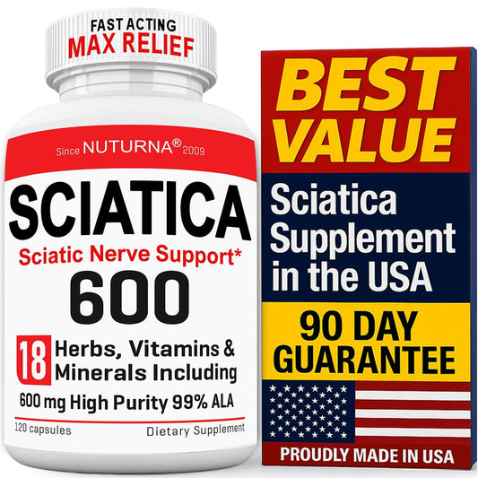 Sciatica nerve relief supplement bottle with 600 mg Alpha Lipoic Acid for sciatic nerve support.