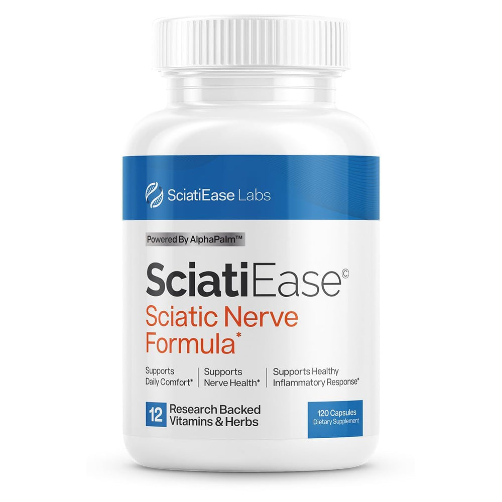 SciatiEase bottle front showing the nerve support packaging
