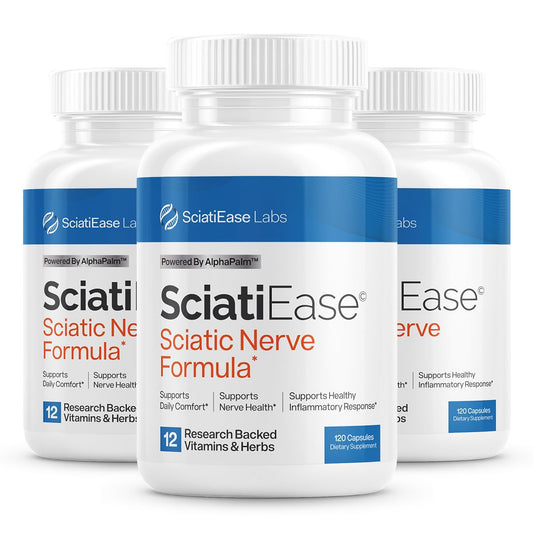SciatiEase bottle and 3-pack packaging on white background
