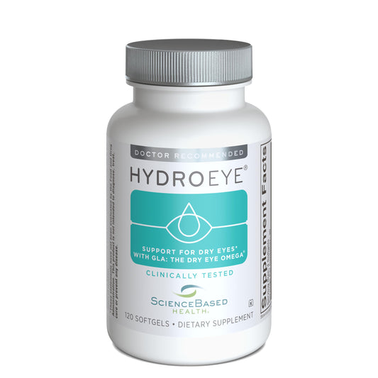 ScienceBased Health HydroEye bottle front shows daily eye-support for tear film balance.