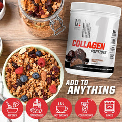 Scoop of collagen peptides next to a glass