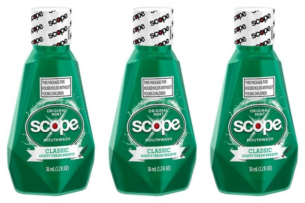 Scope Mouthwash Classic Original Mint 1.2 Oz Travel Size Pack of 3 - bottle and packaging