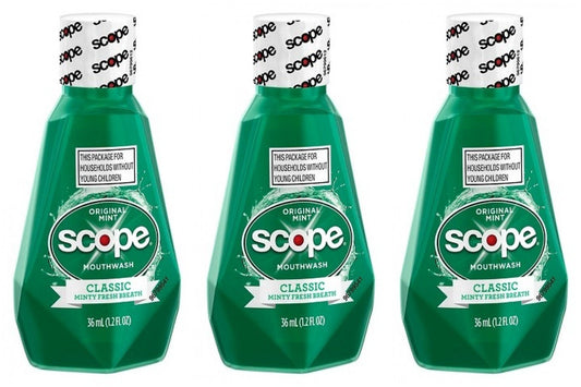 Scope Mouthwash Classic Original Mint 1.2 Oz Travel Size Pack of 3 - bottle and packaging