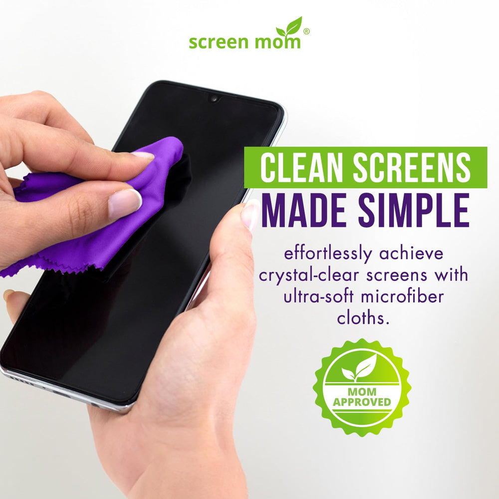 Purple microfiber cloth wiping a TV screen