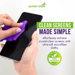 Purple microfiber cloth wiping a TV screen